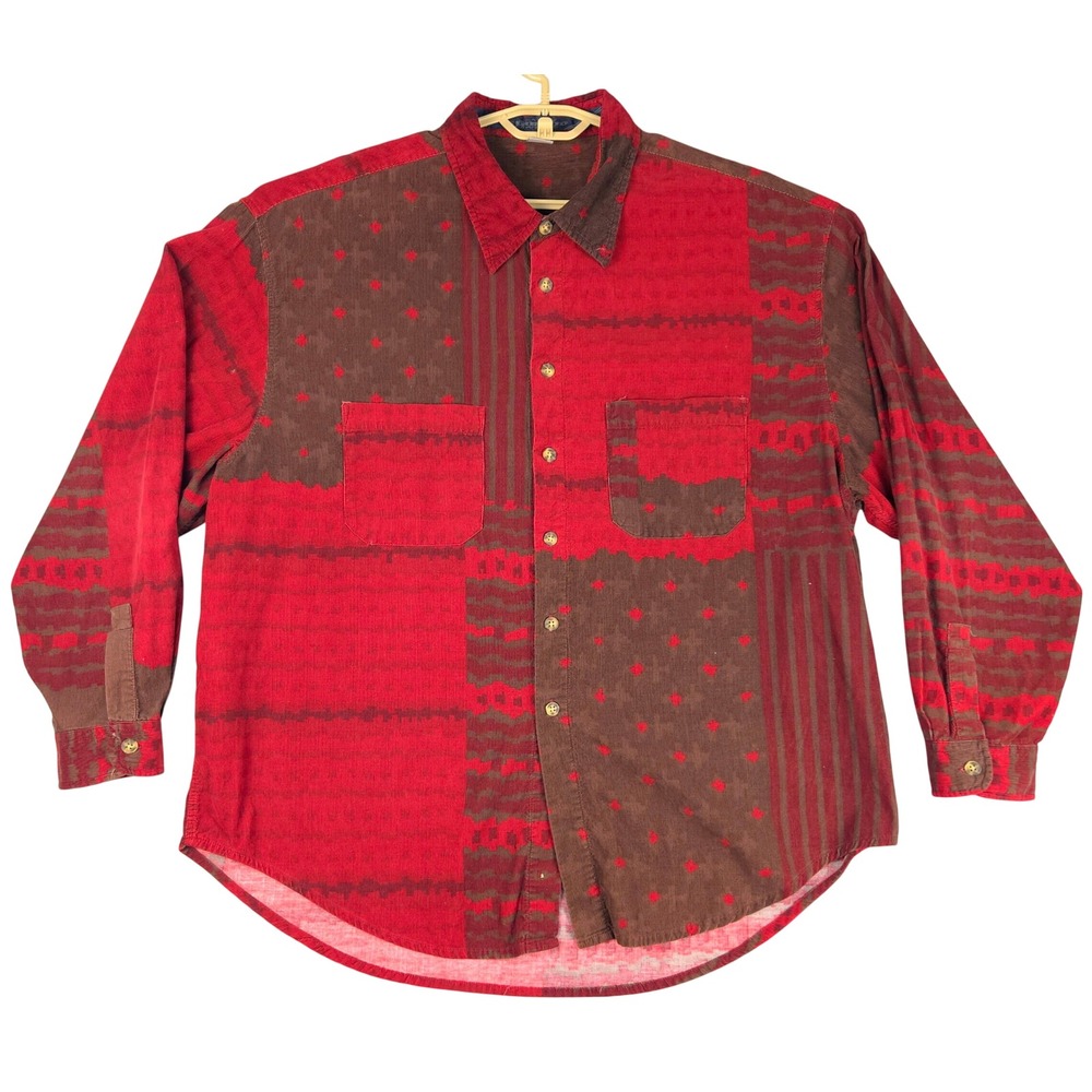 Marithe Francois Girbaud Mens XL Corduroy Patchwork Shirt Red Brown Oversized